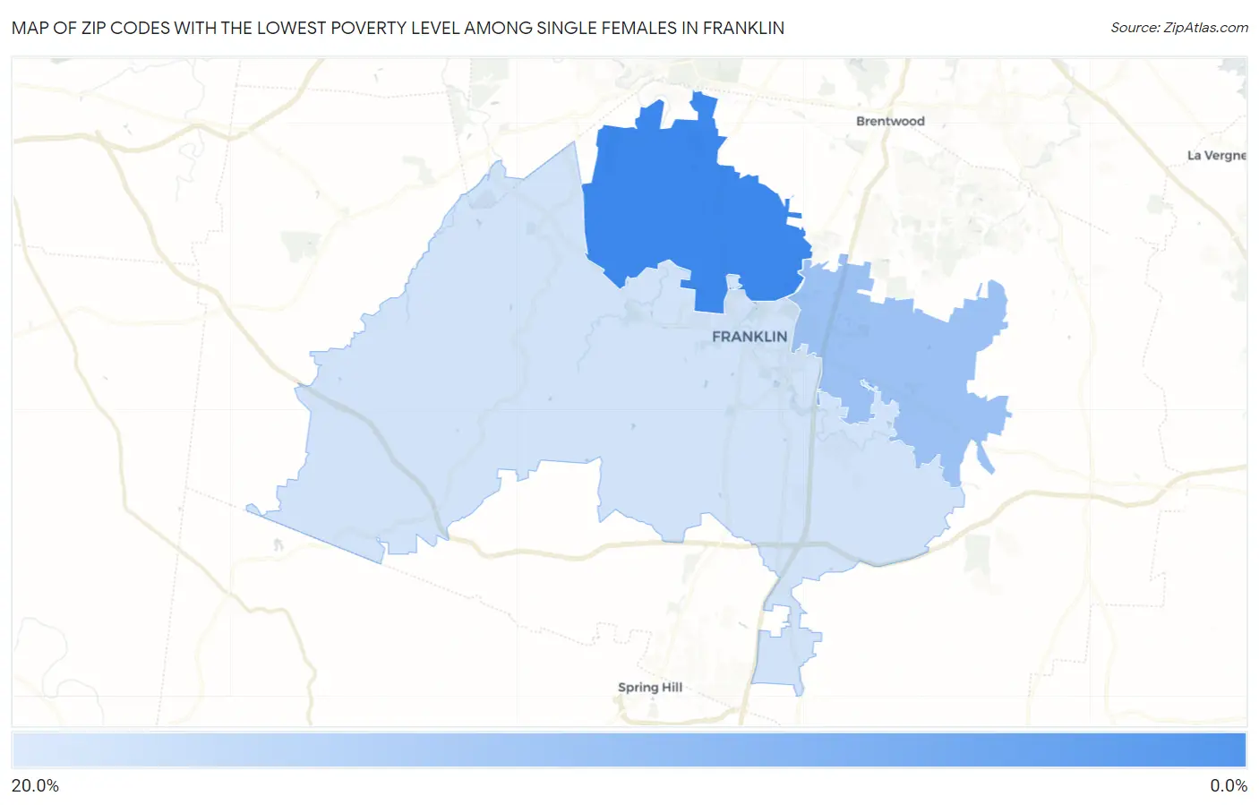 Zip Codes with the Lowest Poverty Level Among Single Females in Franklin Map