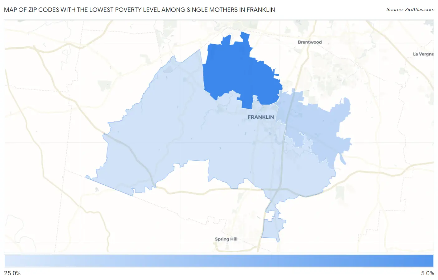 Zip Codes with the Lowest Poverty Level Among Single Mothers in Franklin Map