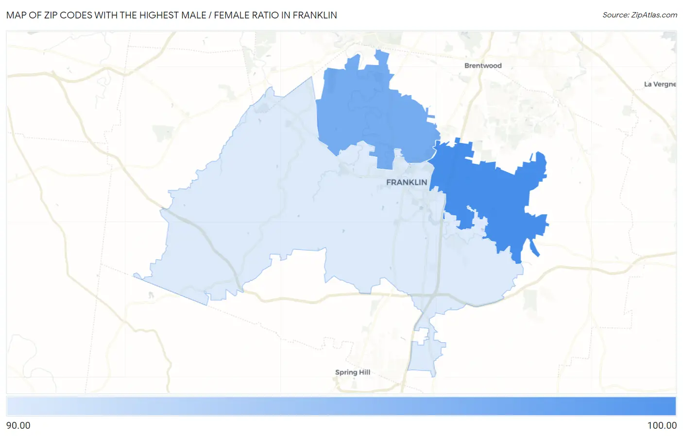 Zip Codes with the Highest Male / Female Ratio in Franklin Map