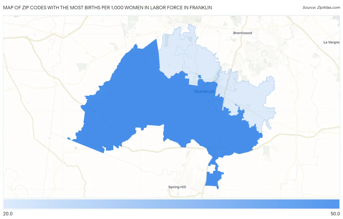 Zip Codes with the Most Births per 1,000 Women in Labor Force in Franklin Map