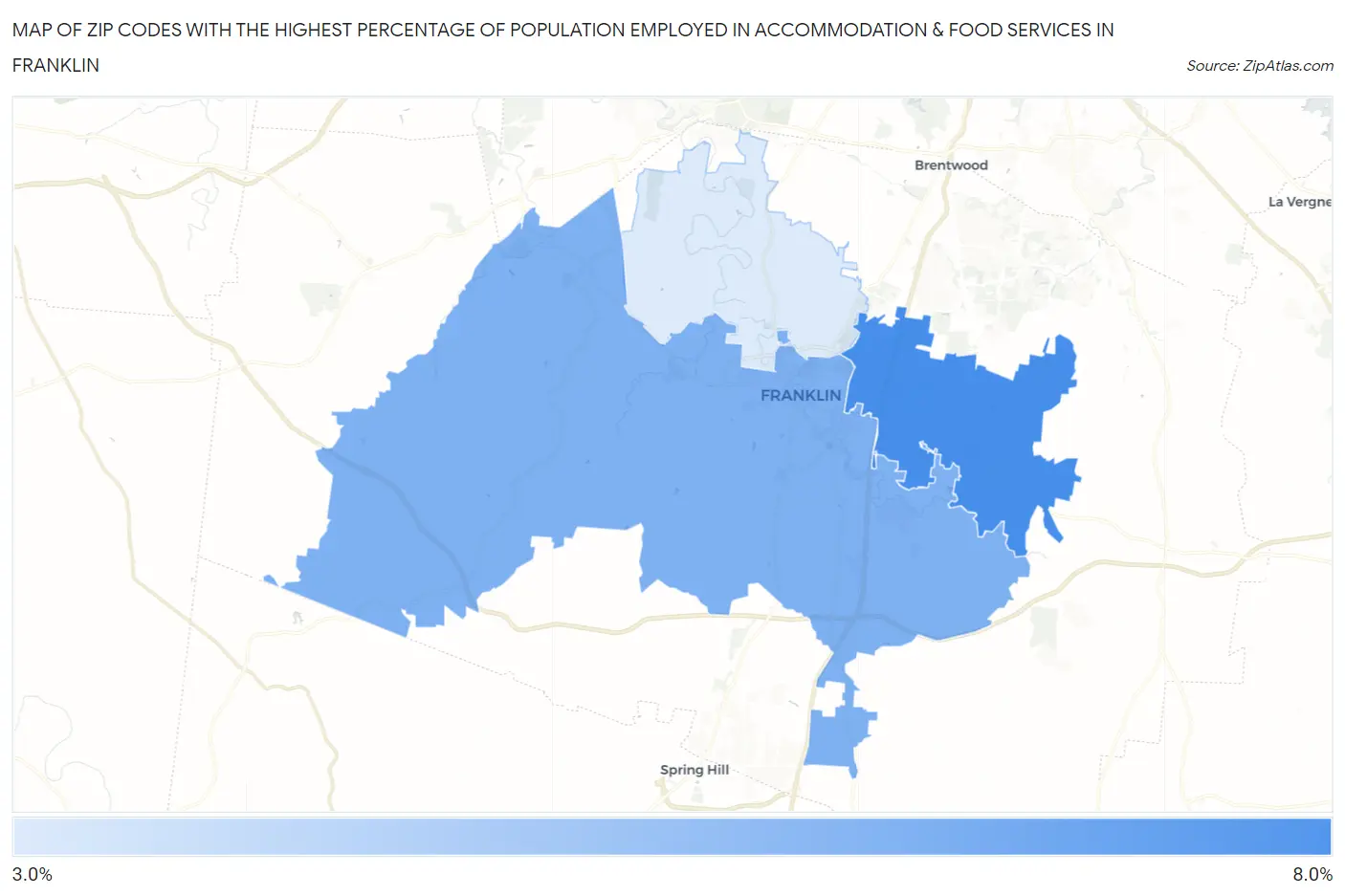Zip Codes with the Highest Percentage of Population Employed in Accommodation & Food Services in Franklin Map