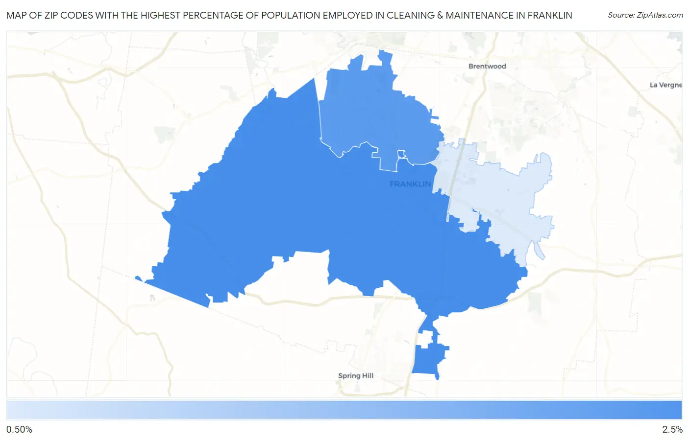 Zip Codes with the Highest Percentage of Population Employed in Cleaning & Maintenance in Franklin Map