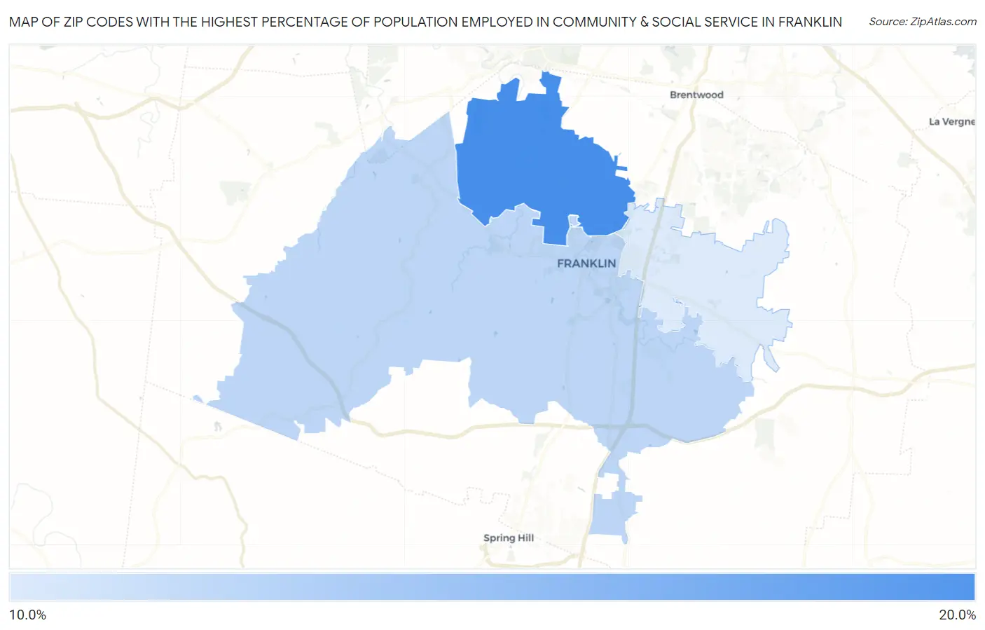 Zip Codes with the Highest Percentage of Population Employed in Community & Social Service  in Franklin Map