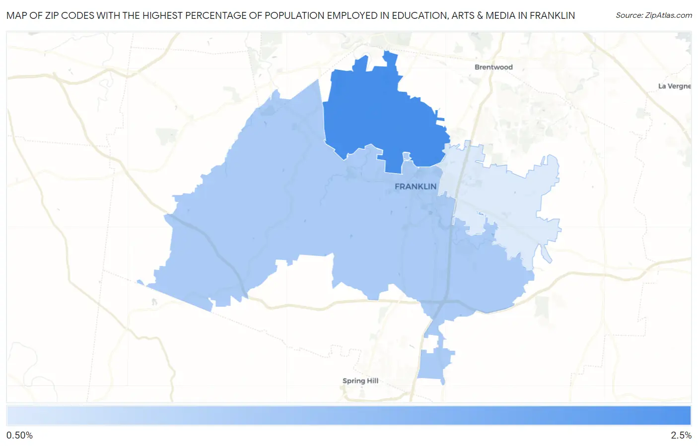 Zip Codes with the Highest Percentage of Population Employed in Education, Arts & Media in Franklin Map