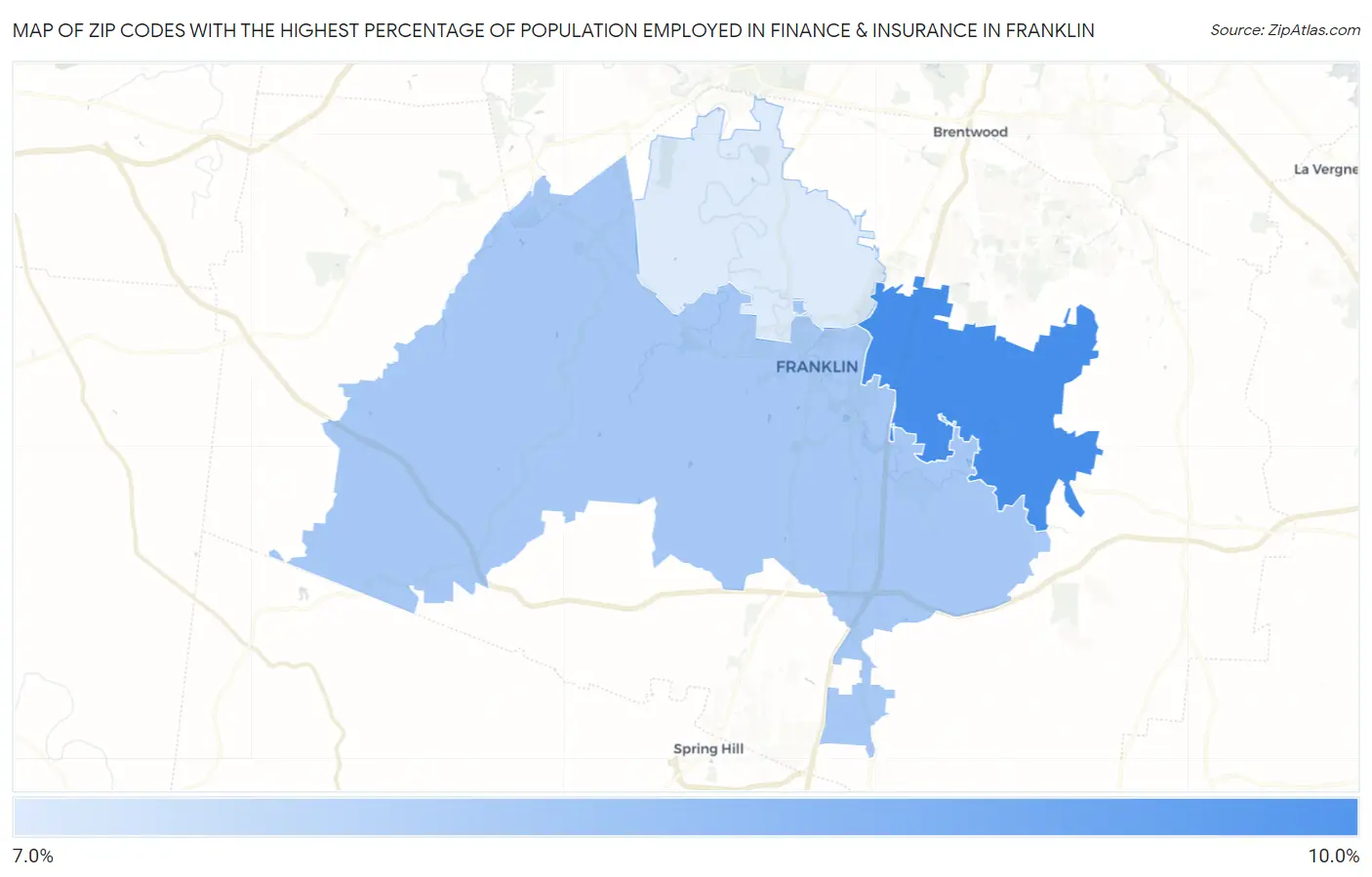 Zip Codes with the Highest Percentage of Population Employed in Finance & Insurance in Franklin Map