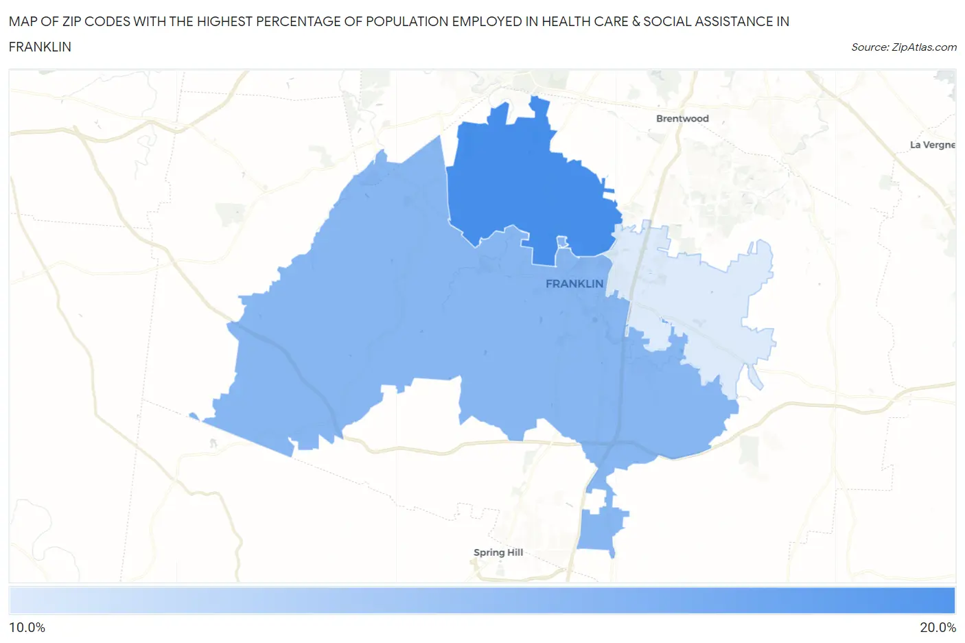 Zip Codes with the Highest Percentage of Population Employed in Health Care & Social Assistance in Franklin Map