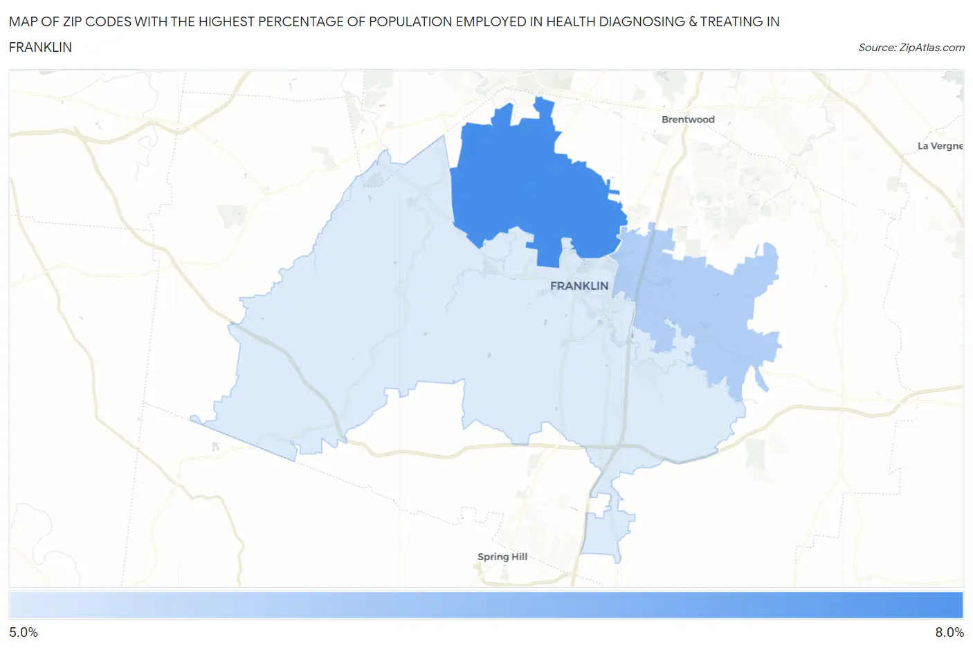 Zip Codes with the Highest Percentage of Population Employed in Health Diagnosing & Treating in Franklin Map