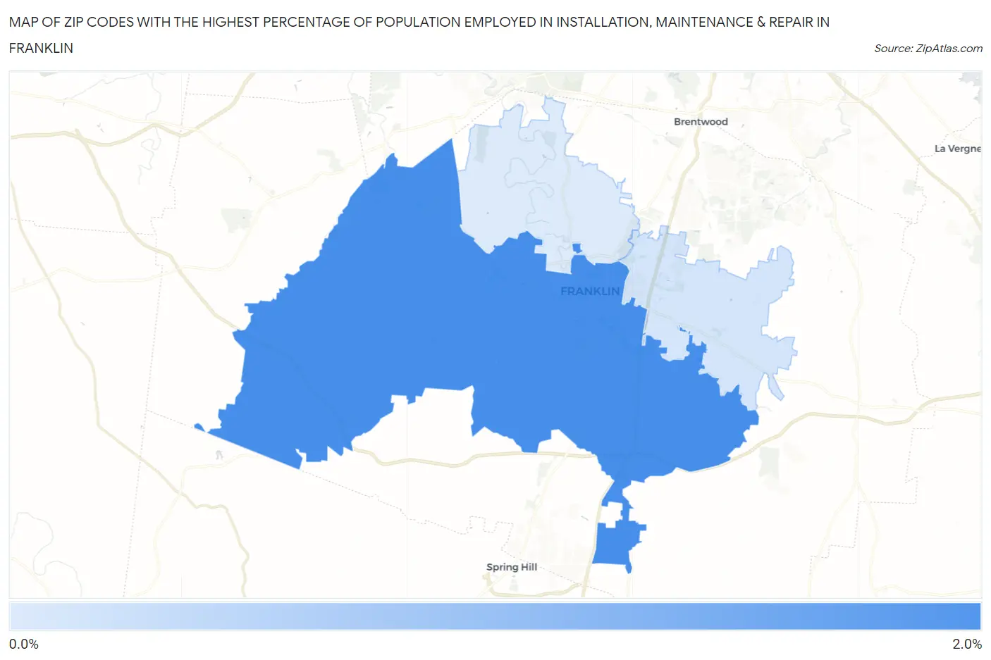 Zip Codes with the Highest Percentage of Population Employed in Installation, Maintenance & Repair in Franklin Map