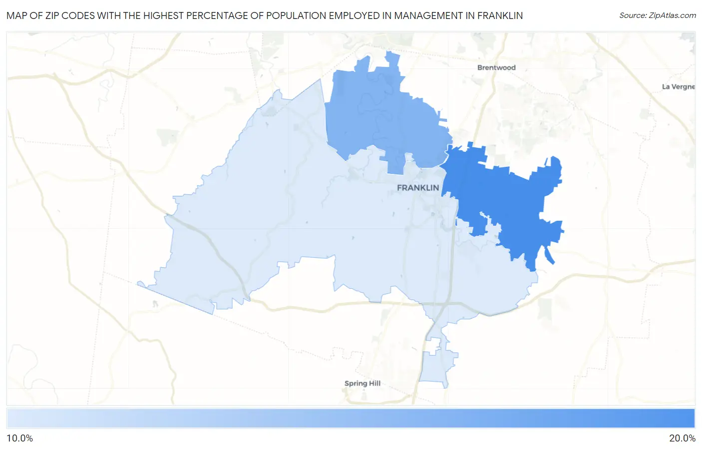 Zip Codes with the Highest Percentage of Population Employed in Management in Franklin Map