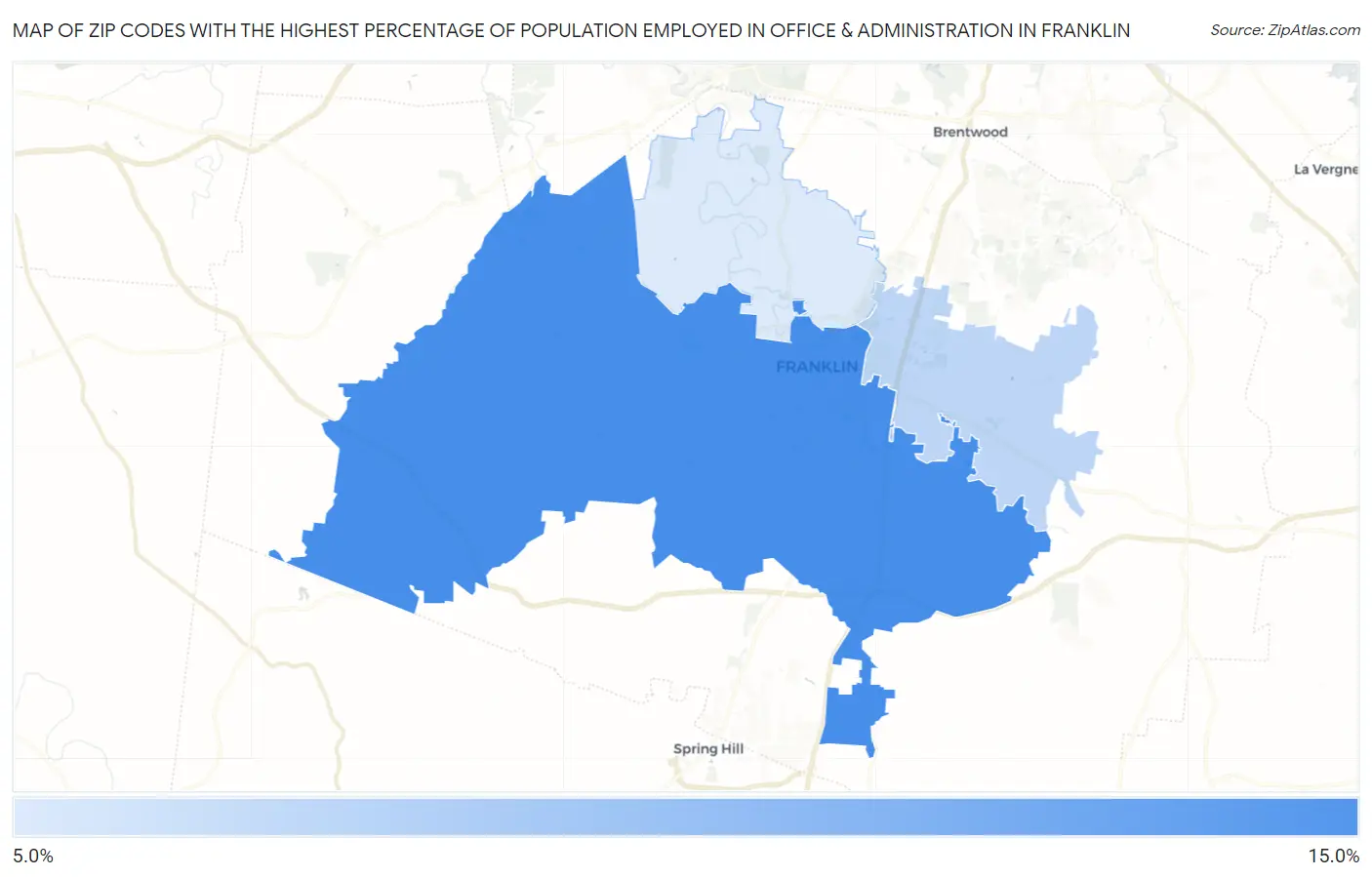 Zip Codes with the Highest Percentage of Population Employed in Office & Administration in Franklin Map