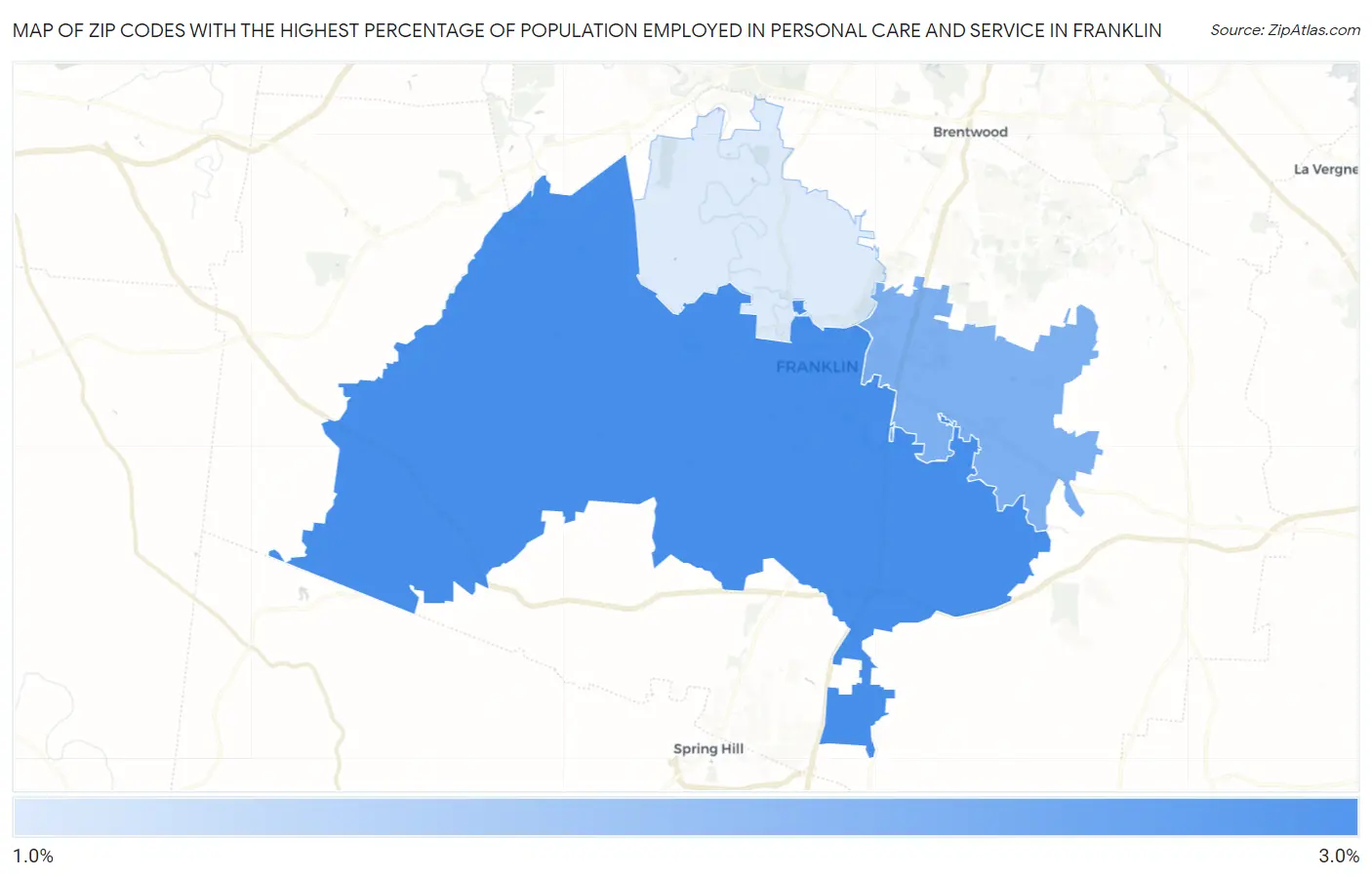 Zip Codes with the Highest Percentage of Population Employed in Personal Care and Service in Franklin Map