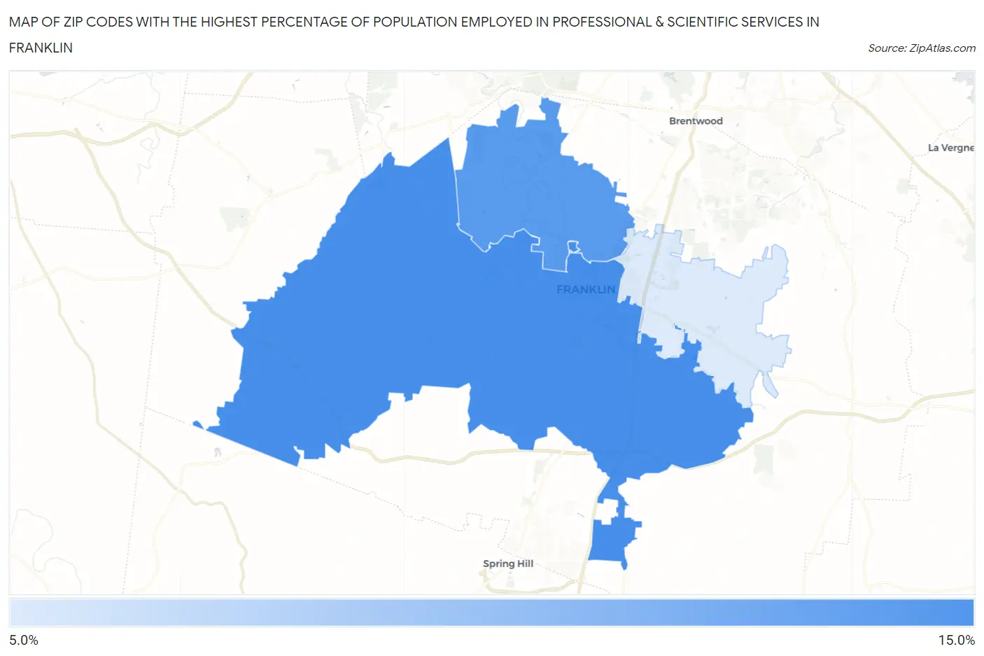 Zip Codes with the Highest Percentage of Population Employed in Professional & Scientific Services in Franklin Map