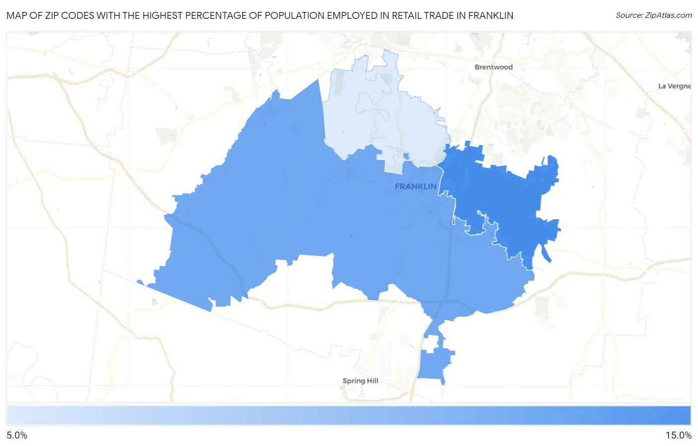 Zip Codes with the Highest Percentage of Population Employed in Retail Trade in Franklin Map