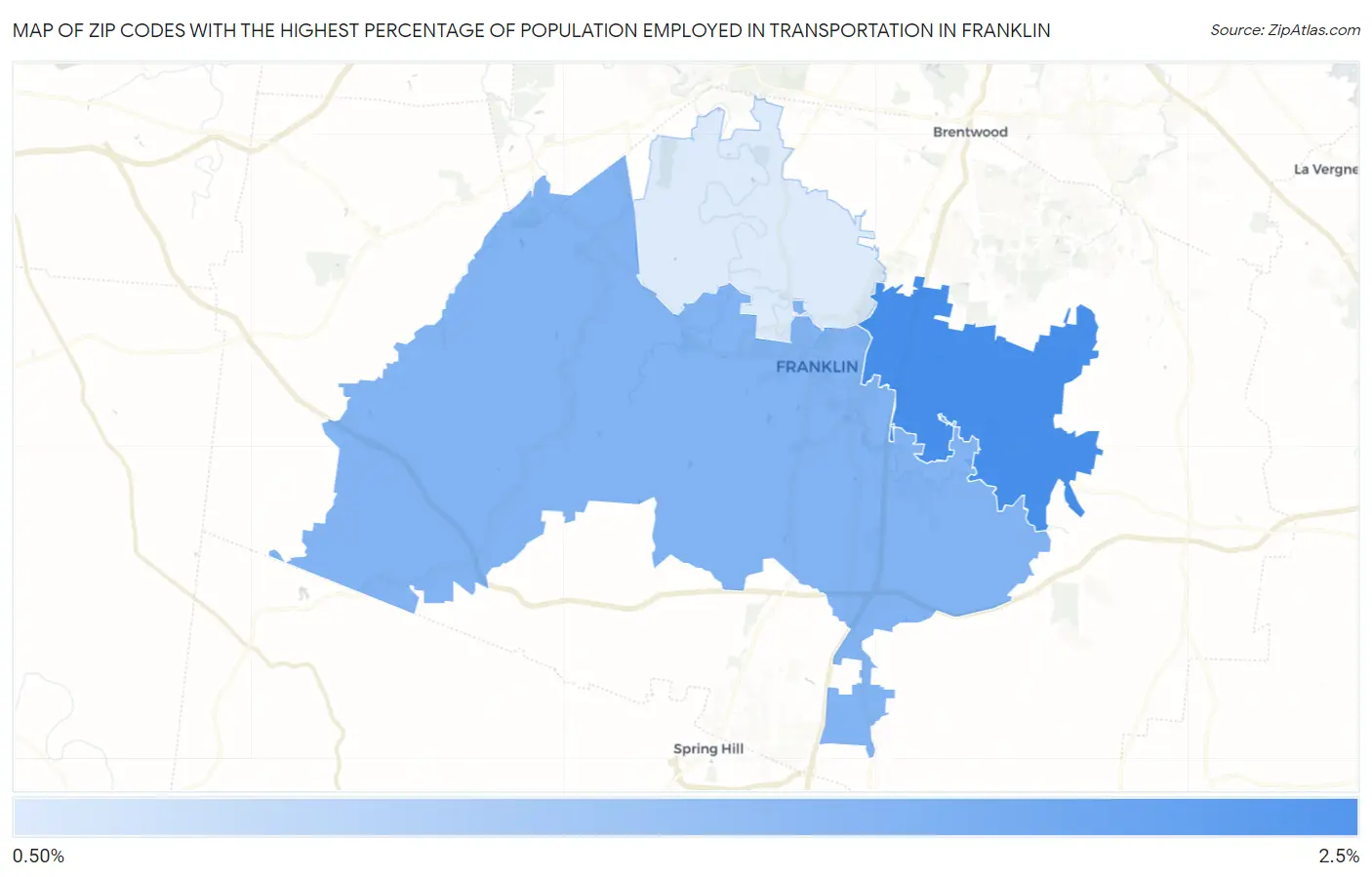 Zip Codes with the Highest Percentage of Population Employed in Transportation in Franklin Map