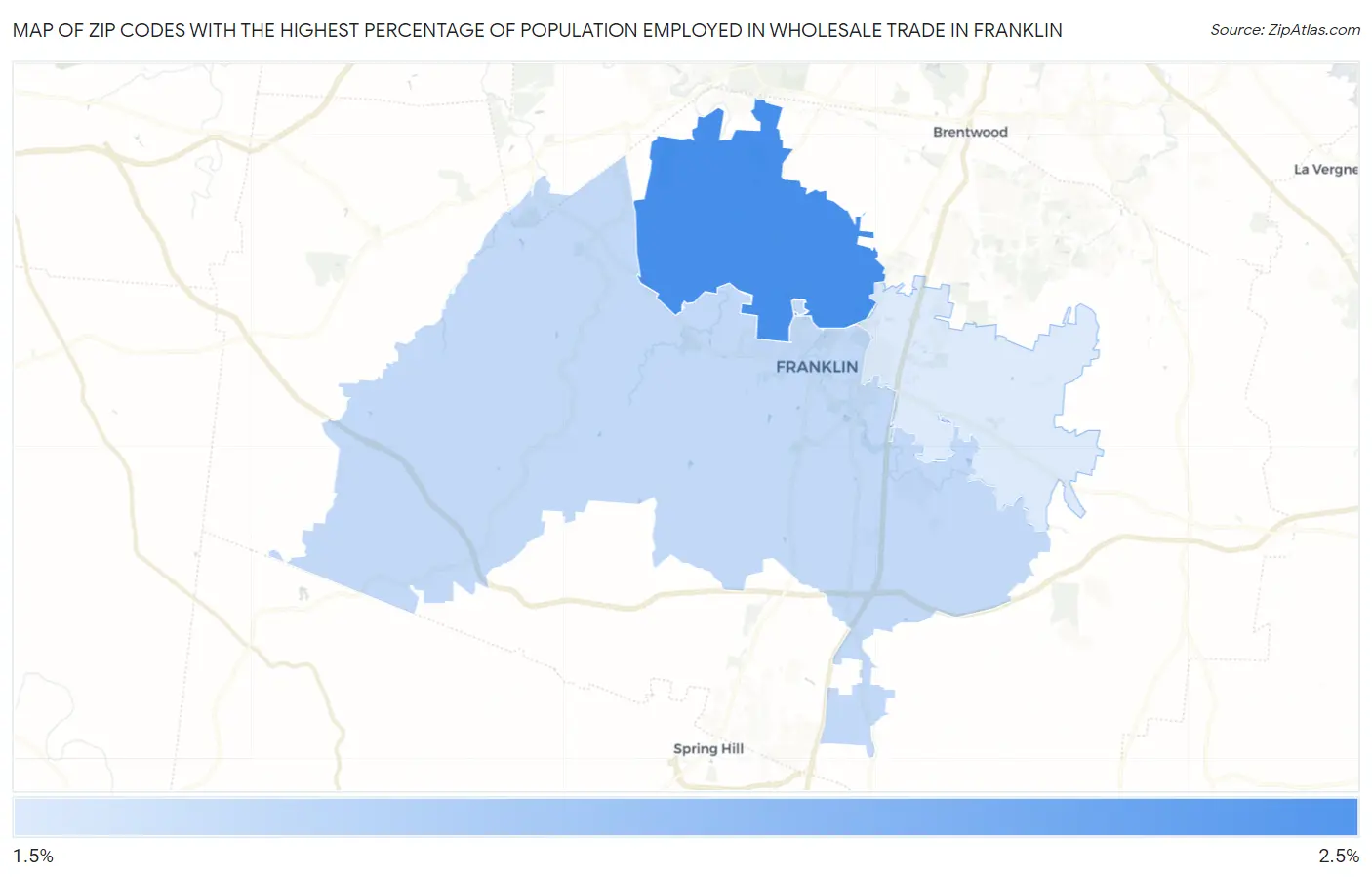 Zip Codes with the Highest Percentage of Population Employed in Wholesale Trade in Franklin Map