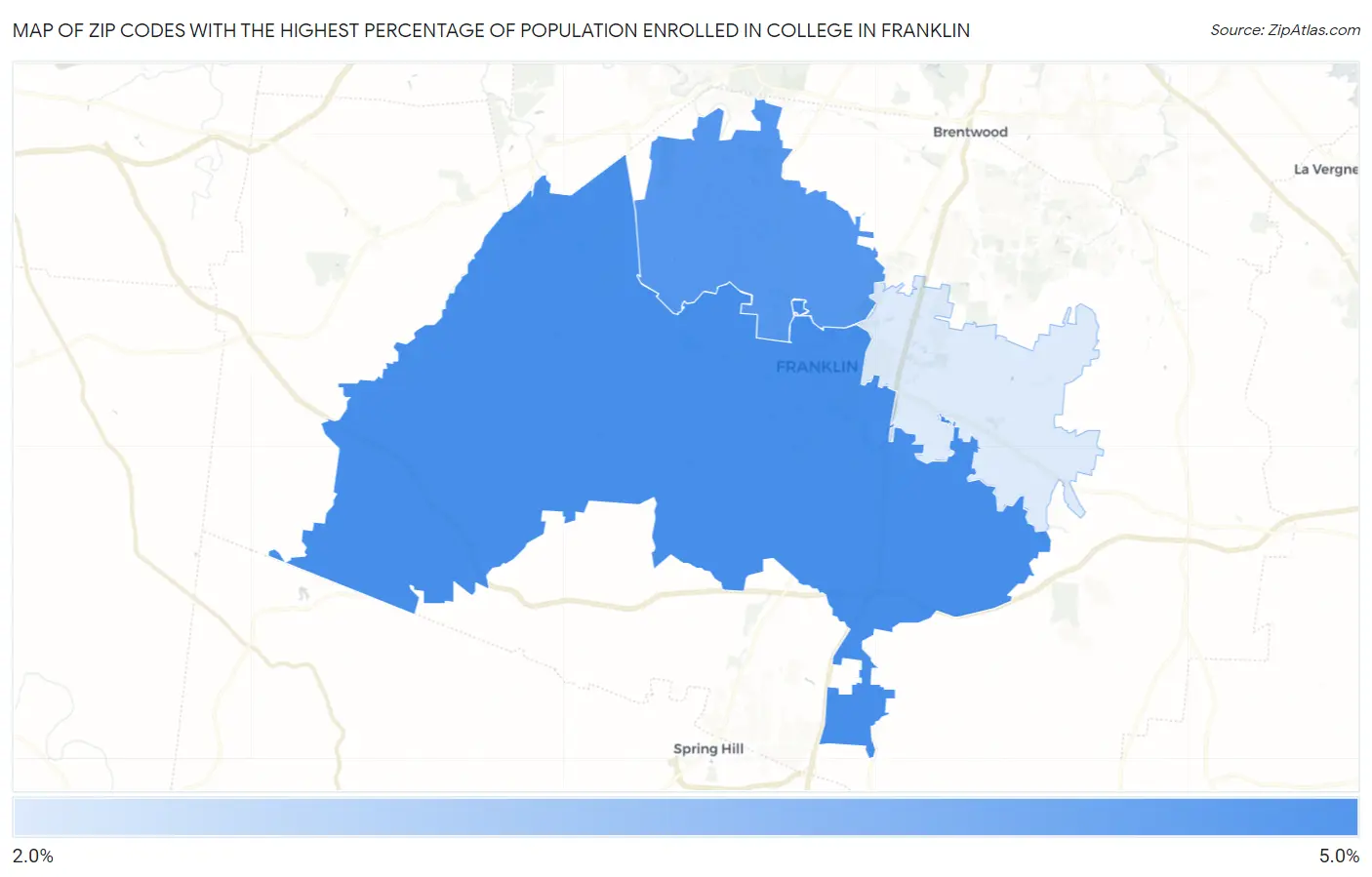 Zip Codes with the Highest Percentage of Population Enrolled in College in Franklin Map