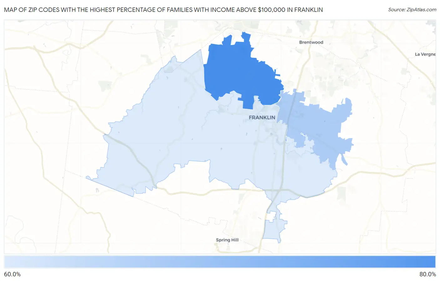 Zip Codes with the Highest Percentage of Families with Income Above $100,000 in Franklin Map