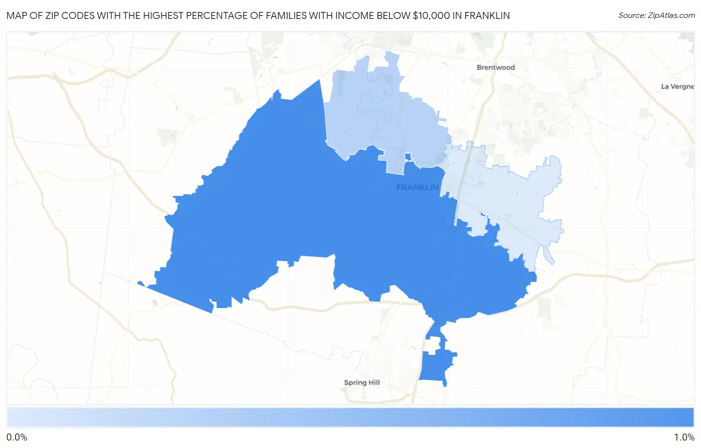 Zip Codes with the Highest Percentage of Families with Income Below $10,000 in Franklin Map