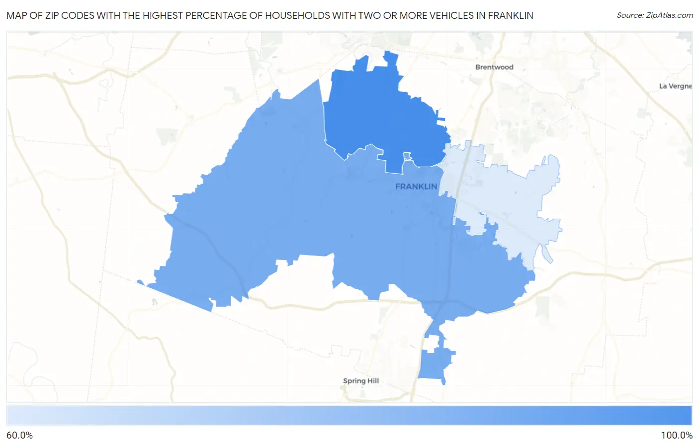 Zip Codes with the Highest Percentage of Households With Two or more Vehicles in Franklin Map