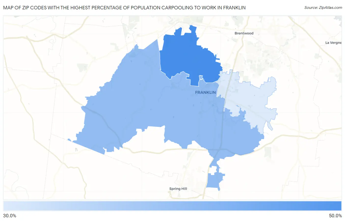 Zip Codes with the Highest Percentage of Population Carpooling to Work in Franklin Map