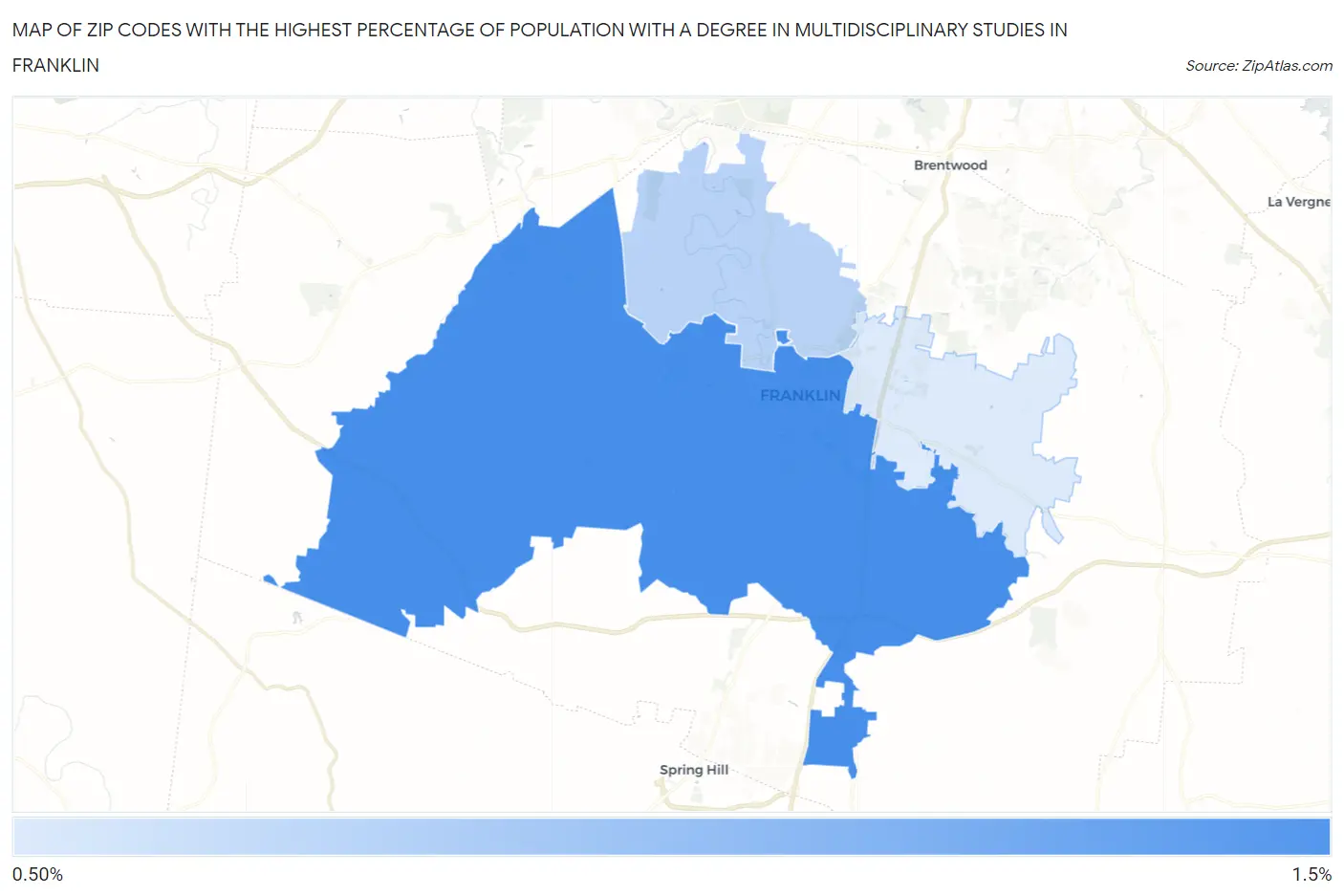 Zip Codes with the Highest Percentage of Population with a Degree in Multidisciplinary Studies in Franklin Map