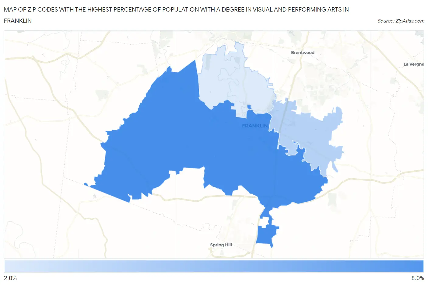 Zip Codes with the Highest Percentage of Population with a Degree in Visual and Performing Arts in Franklin Map