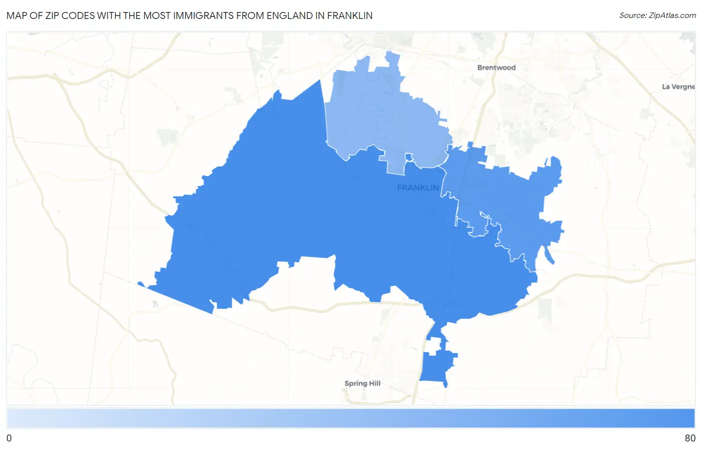 Zip Codes with the Most Immigrants from England in Franklin Map