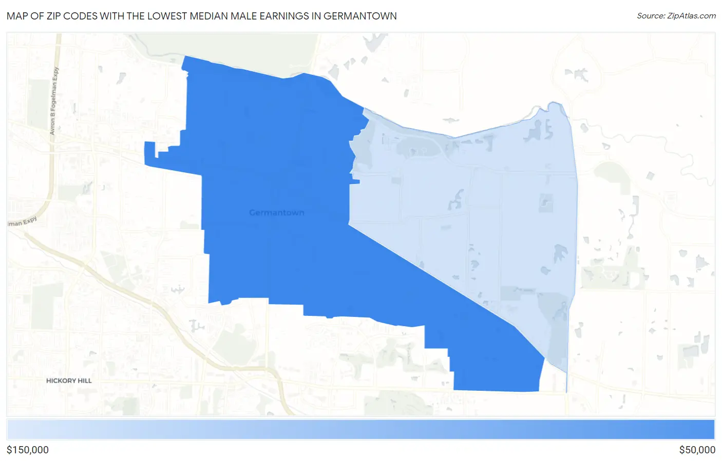 Zip Codes with the Lowest Median Male Earnings in Germantown Map