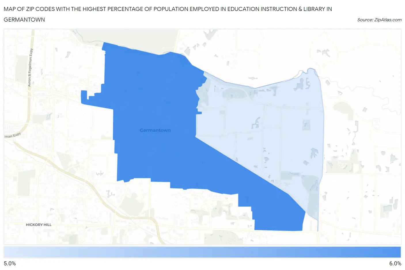 Zip Codes with the Highest Percentage of Population Employed in Education Instruction & Library in Germantown Map