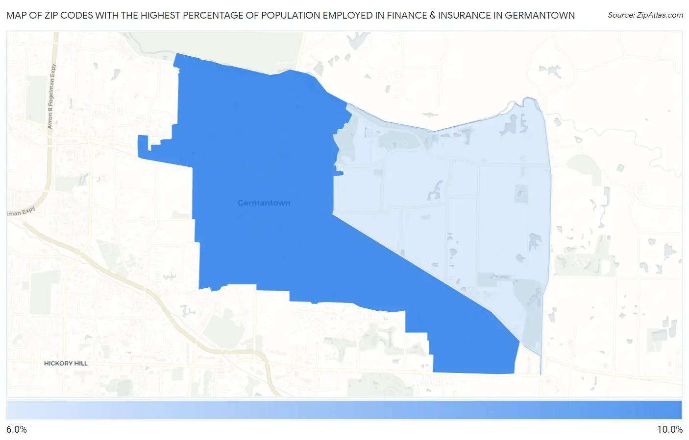 Zip Codes with the Highest Percentage of Population Employed in Finance & Insurance in Germantown Map