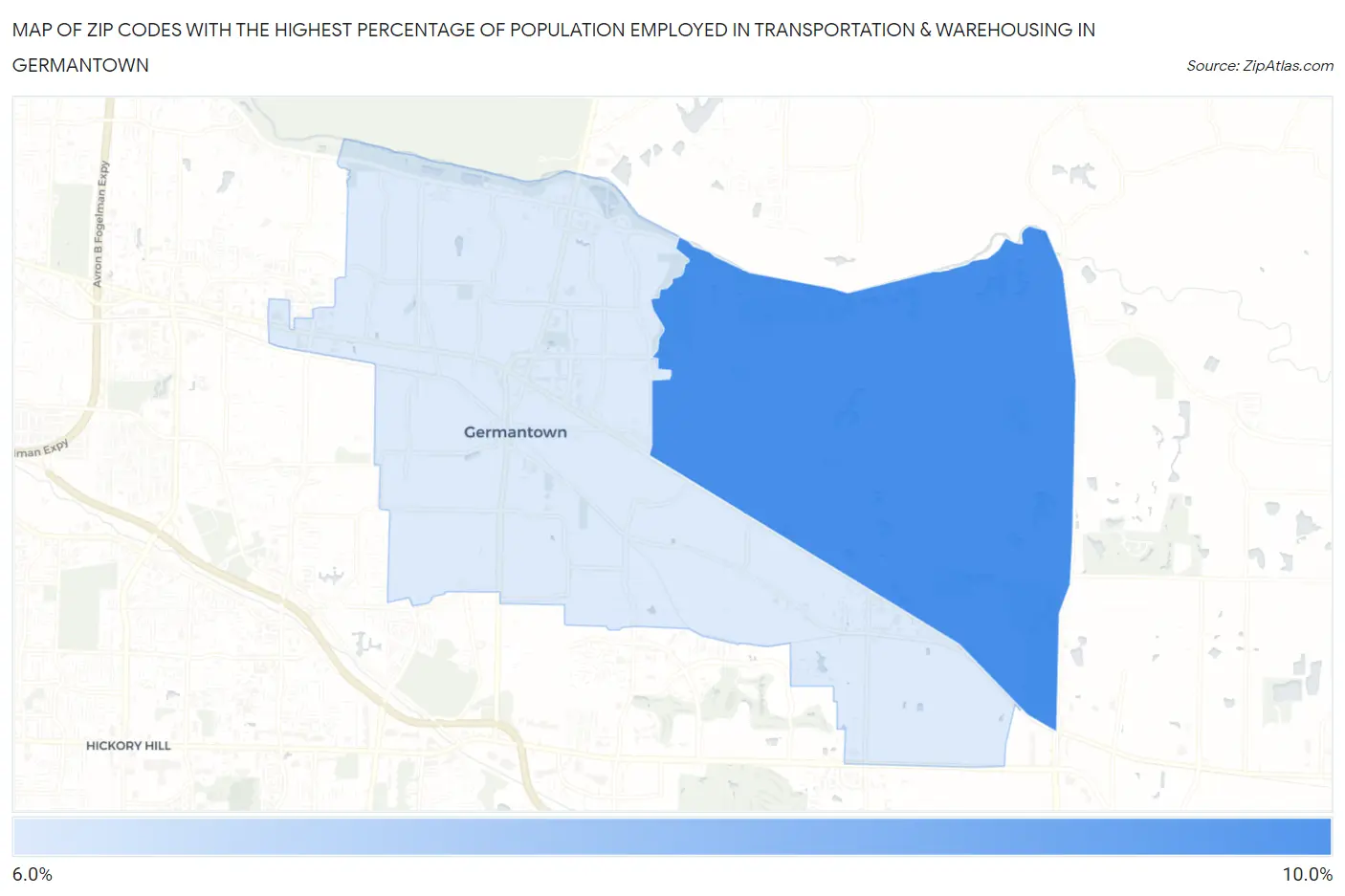 Zip Codes with the Highest Percentage of Population Employed in Transportation & Warehousing in Germantown Map