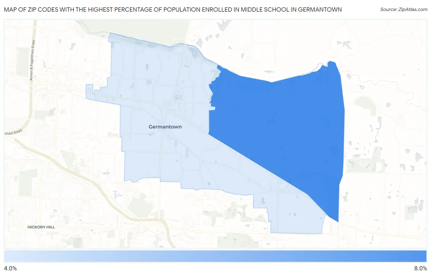 Zip Codes with the Highest Percentage of Population Enrolled in Middle School in Germantown Map