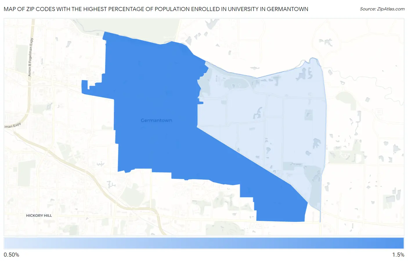 Zip Codes with the Highest Percentage of Population Enrolled in University in Germantown Map