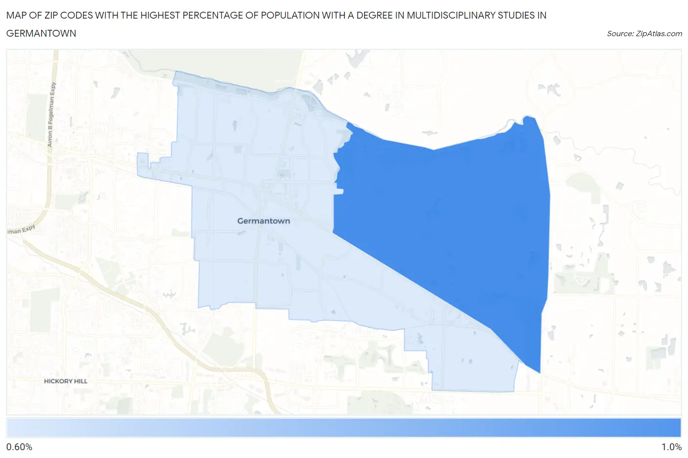 Zip Codes with the Highest Percentage of Population with a Degree in Multidisciplinary Studies in Germantown Map