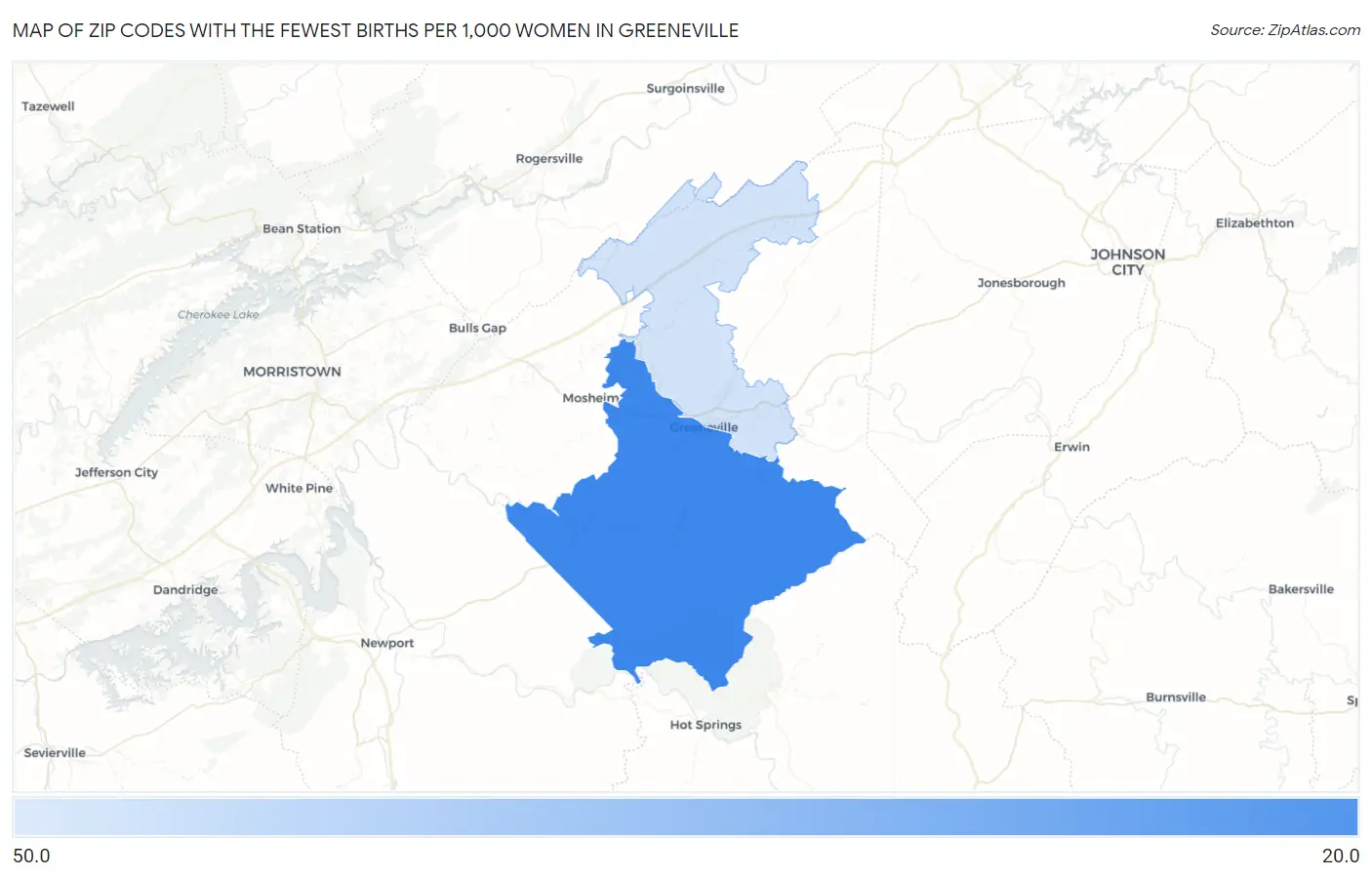 Zip Codes with the Fewest Births per 1,000 Women in Greeneville Map