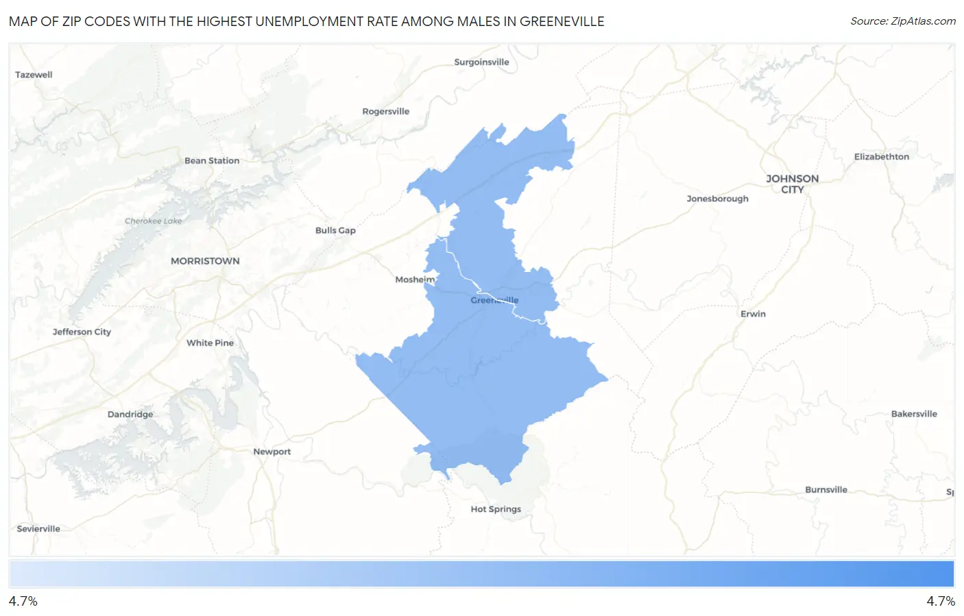 Zip Codes with the Highest Unemployment Rate Among Males in Greeneville Map