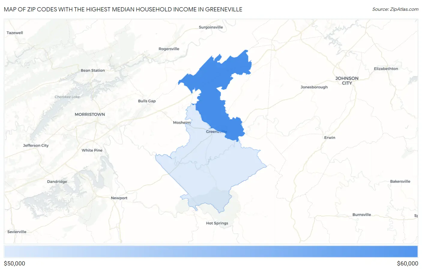 Zip Codes with the Highest Median Household Income in Greeneville Map