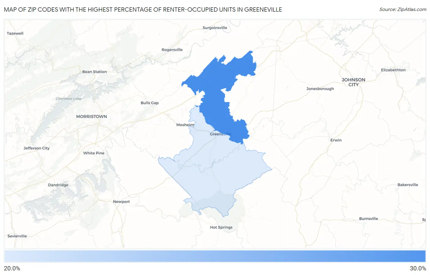 Zip Codes with the Highest Percentage of Renter-Occupied Units in Greeneville Map