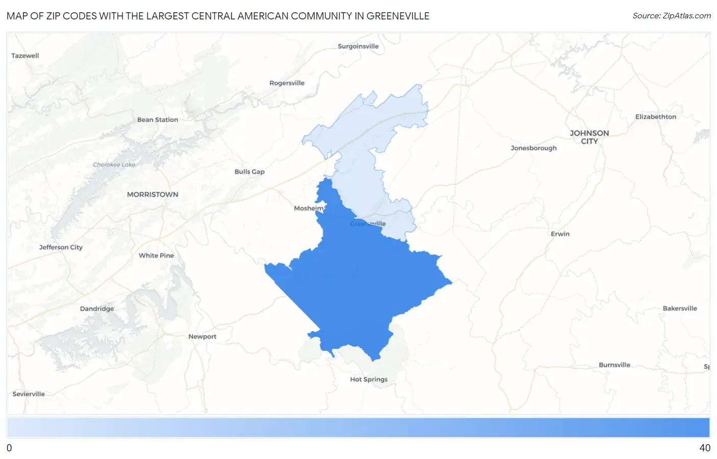 Zip Codes with the Largest Central American Community in Greeneville Map