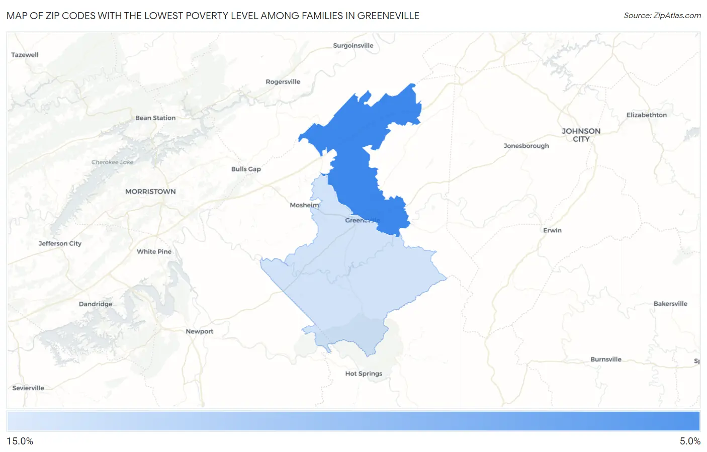 Zip Codes with the Lowest Poverty Level Among Families in Greeneville Map