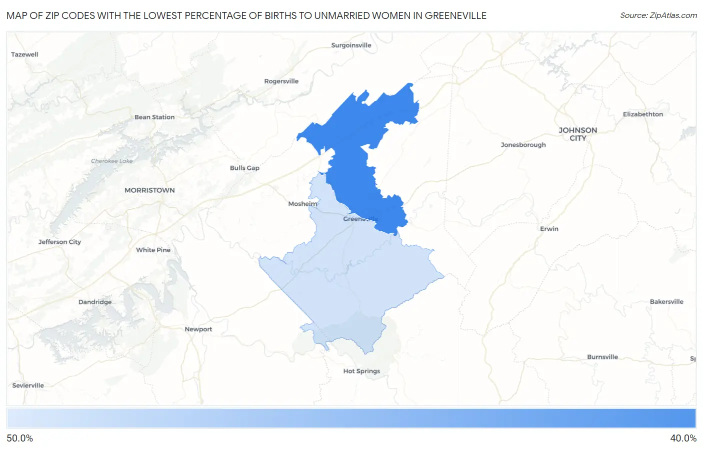 Zip Codes with the Lowest Percentage of Births to Unmarried Women in Greeneville Map