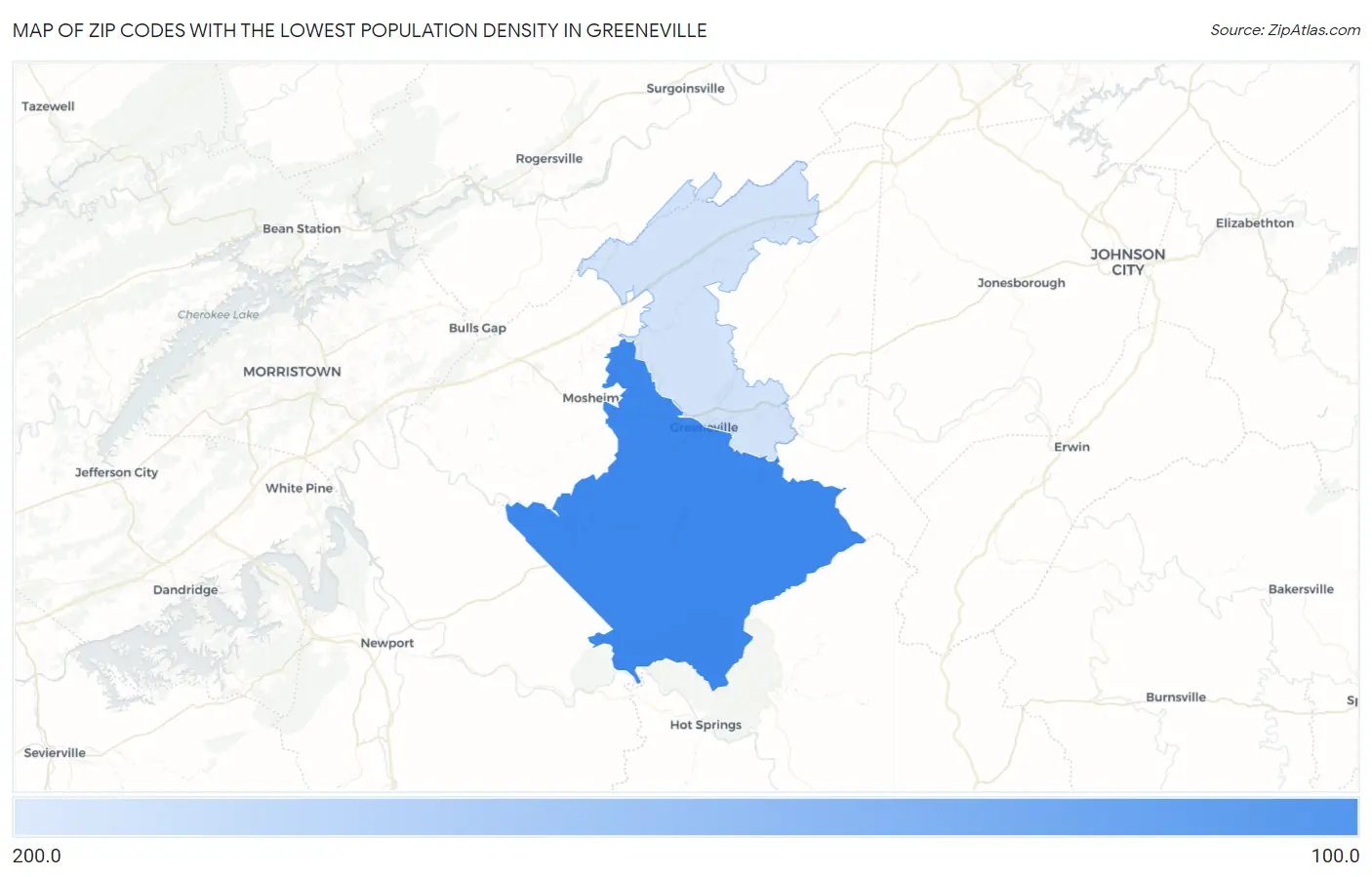 Zip Codes with the Lowest Population Density in Greeneville Map