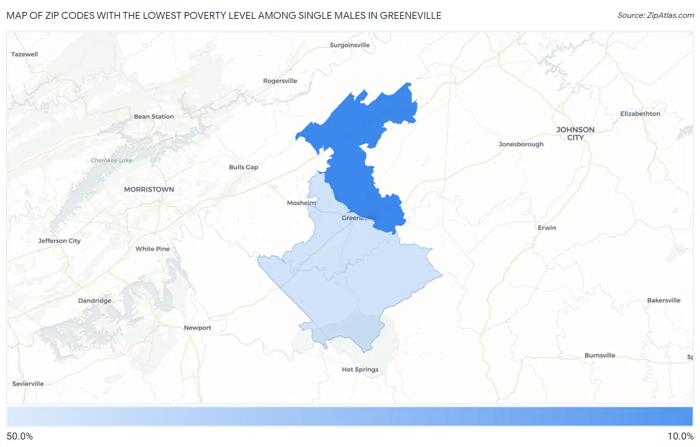 Zip Codes with the Lowest Poverty Level Among Single Males in Greeneville Map