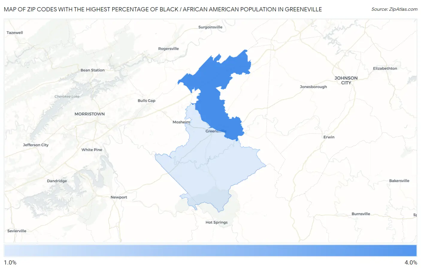 Zip Codes with the Highest Percentage of Black / African American Population in Greeneville Map