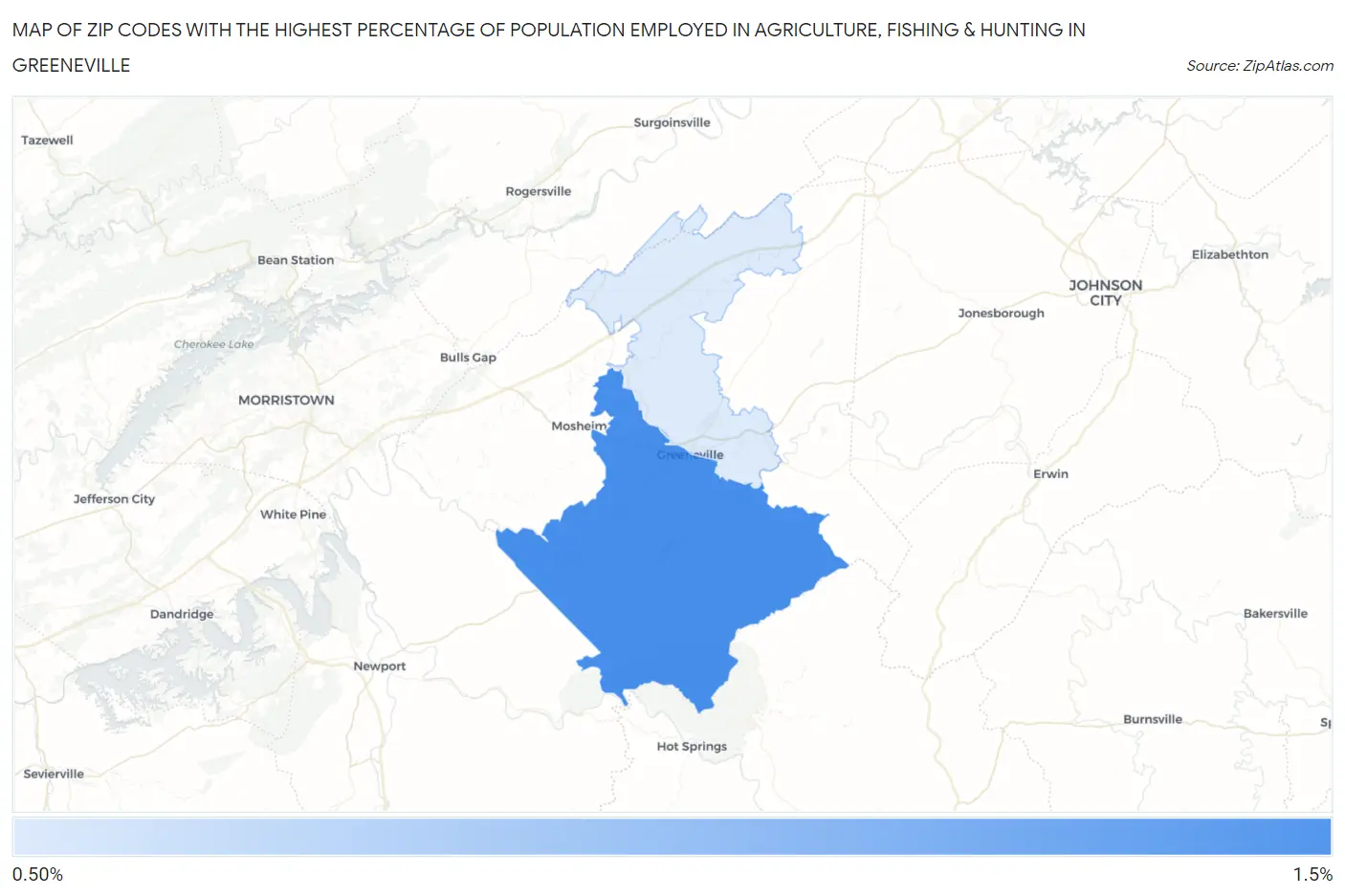 Zip Codes with the Highest Percentage of Population Employed in Agriculture, Fishing & Hunting in Greeneville Map