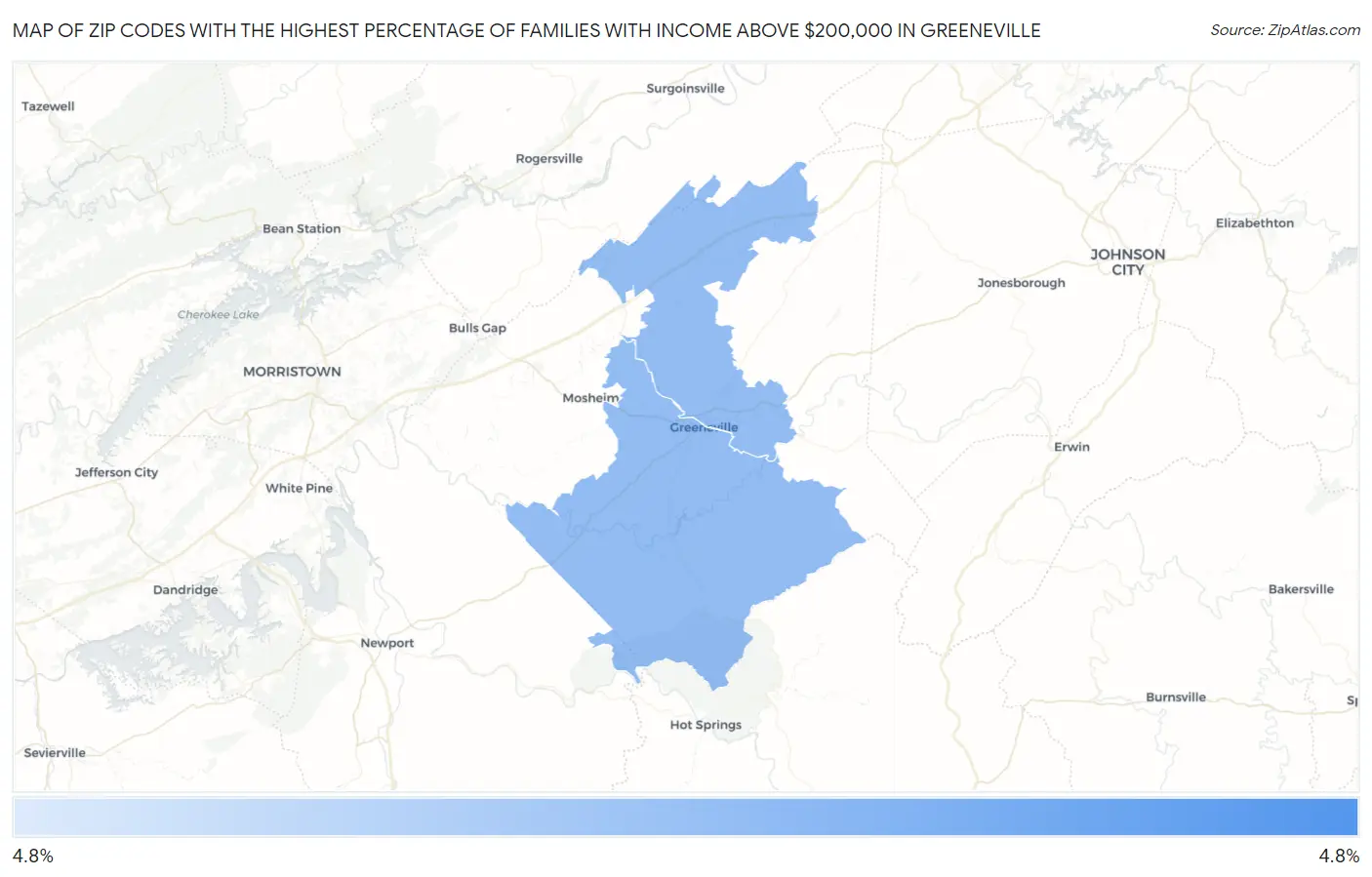 Zip Codes with the Highest Percentage of Families with Income Above $200,000 in Greeneville Map
