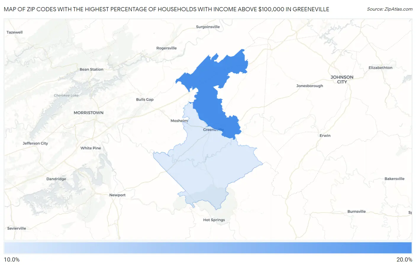 Zip Codes with the Highest Percentage of Households with Income Above $100,000 in Greeneville Map