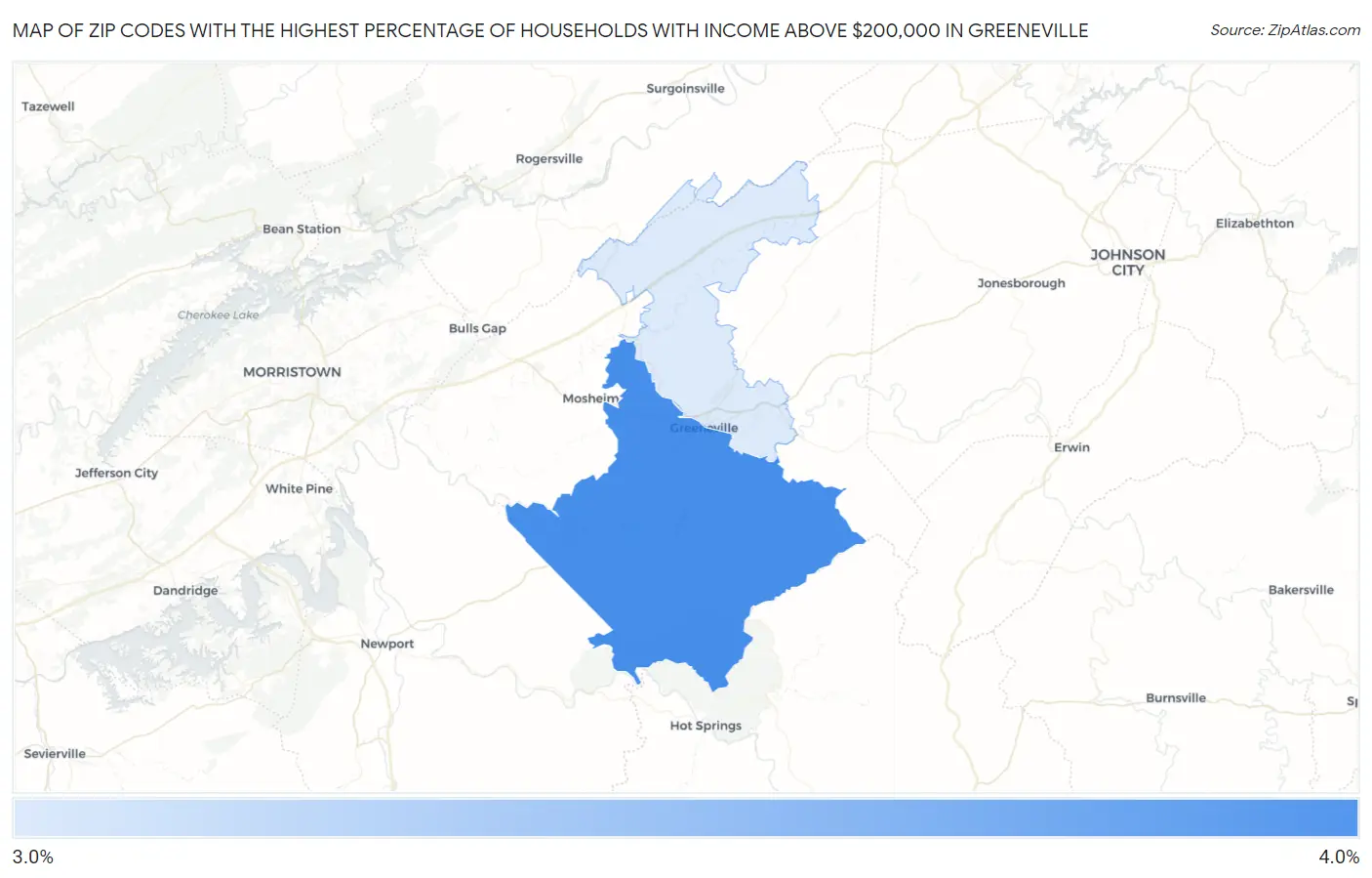 Zip Codes with the Highest Percentage of Households with Income Above $200,000 in Greeneville Map