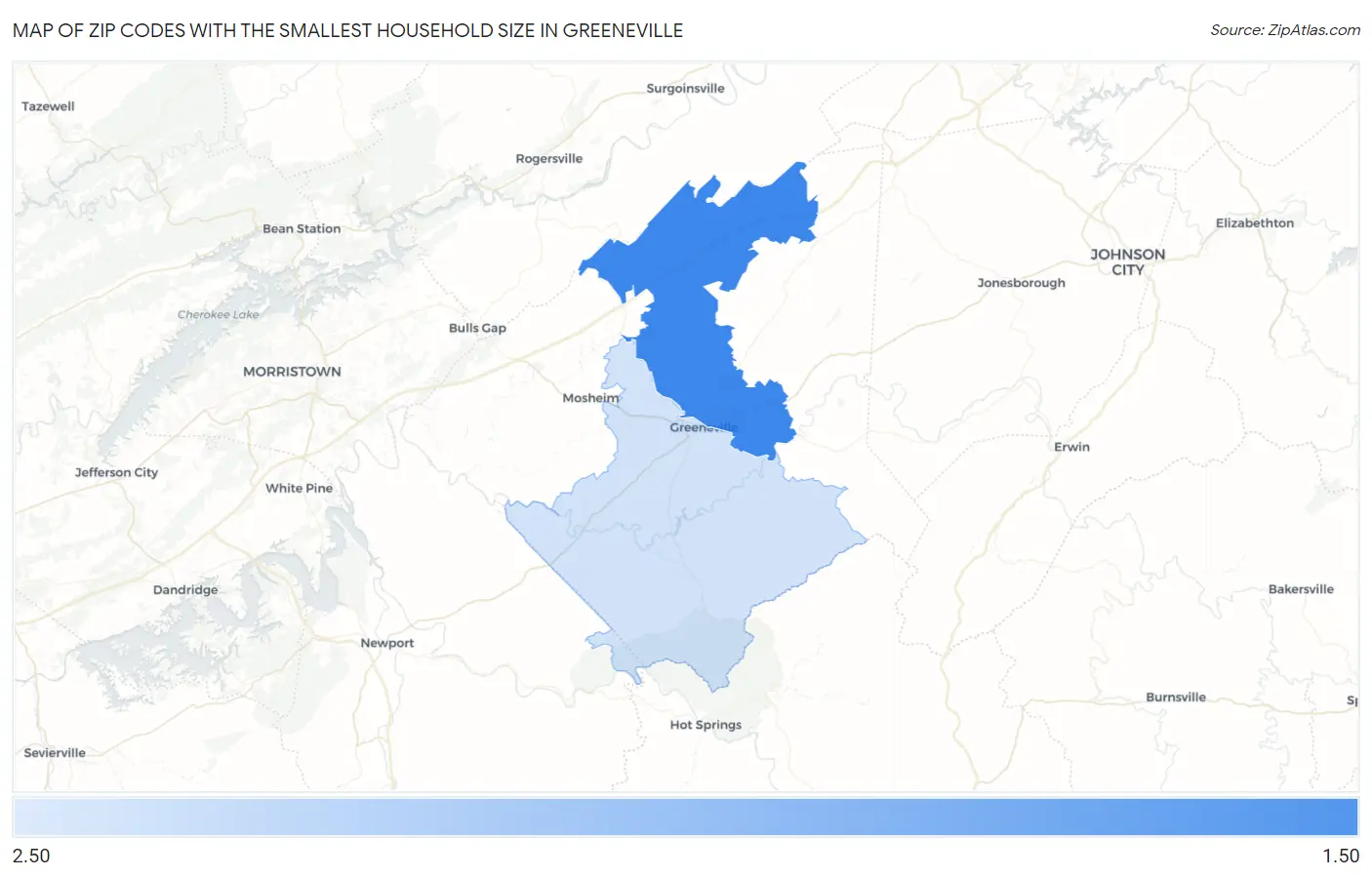 Zip Codes with the Smallest Household Size in Greeneville Map