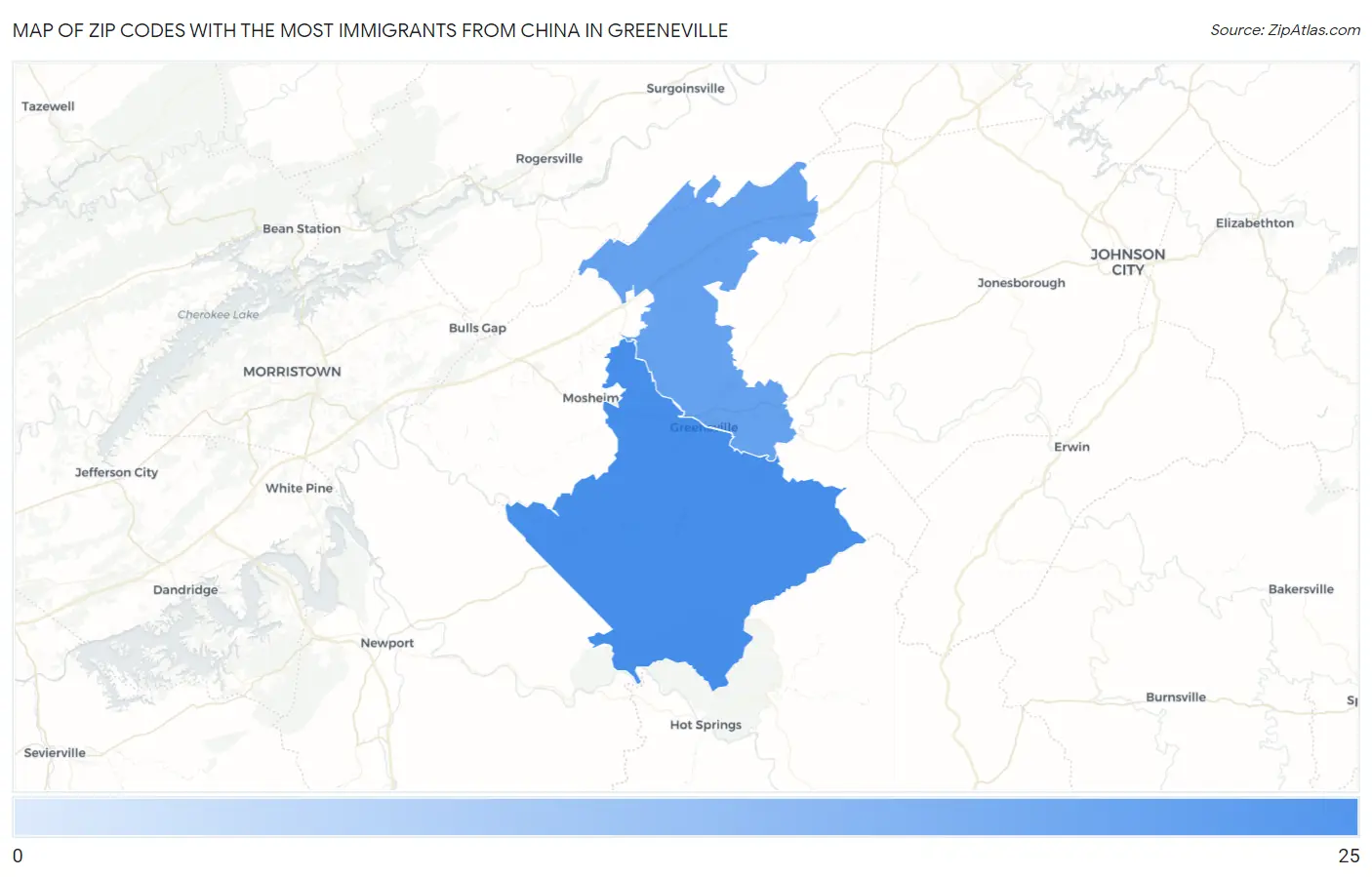 Zip Codes with the Most Immigrants from China in Greeneville Map